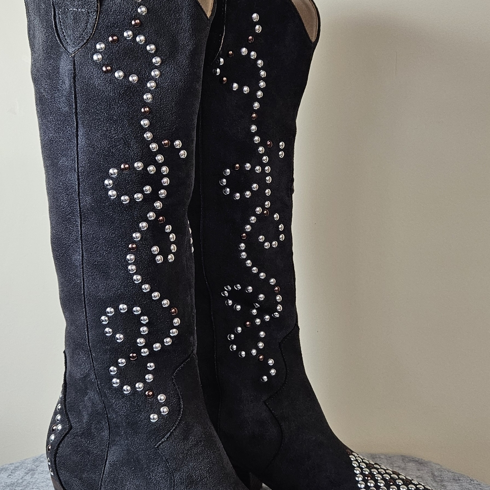 Studded Black Suede Knee-High Heeled Boots - Picture 6 of 12